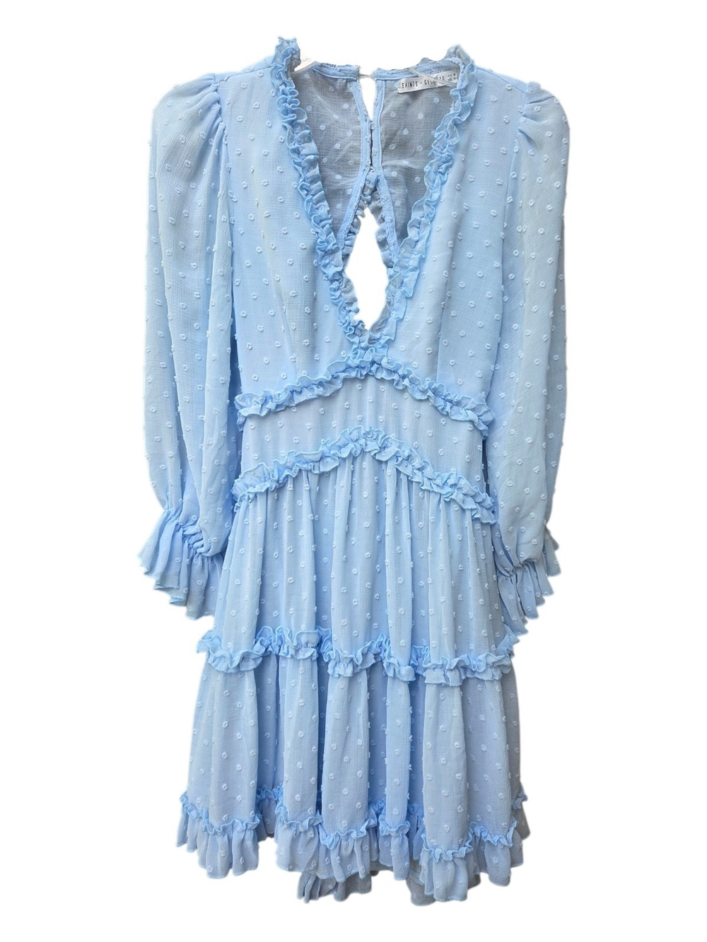 Saints + Secrets Romantic Sky Blue Tiered Ruffled Open Back Mini Dress - Size S - Picture 4 of 11
